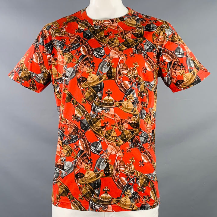VIVIENNE WESTWOOD Size L Crazy Orbs Red Brown Logo Cotton Crew Neck T-shirt