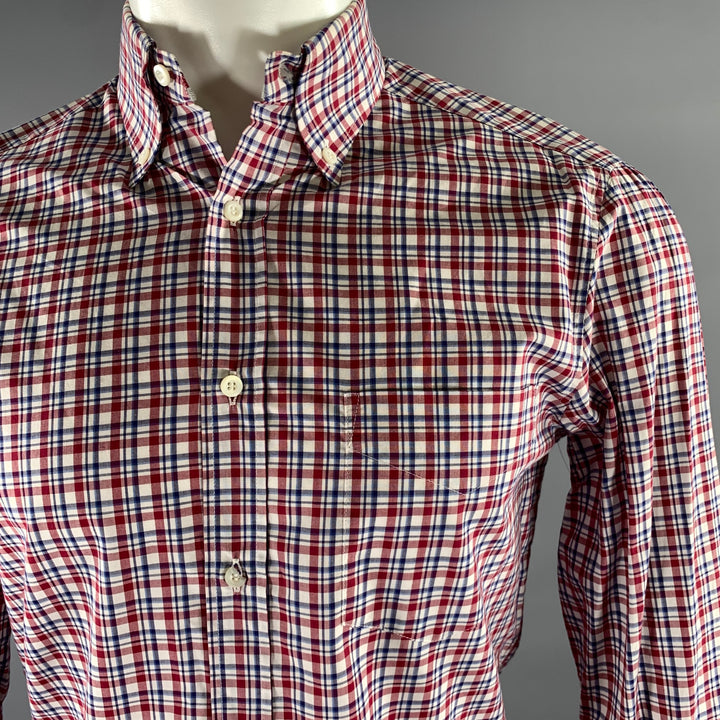 BRUNELLO CUCINELLI Size XS White Burgundy Plaid Cotton Long Sleeve Shirt