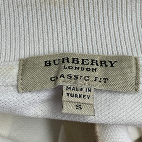 BURBERRY LONDON Size S Cream Cotton Plaid Trim Classic Fit Half Placket Polo