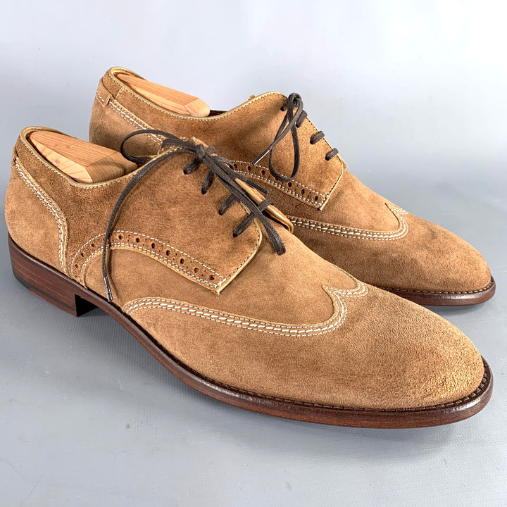 JOHNSTON & MURPHY Size 10 Brown Contrast Stitch Suede Wingtip Lace-Up Shoes