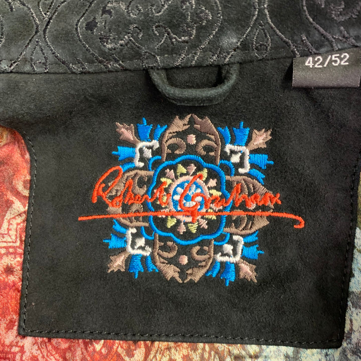 ROBERT GRAHAM Size L Black Embroidery Suede Contrast Trim Long Sleeve Shirt