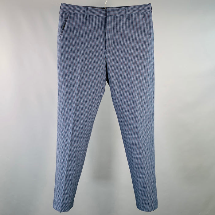 PRADA Size 30 Blue Navy Burgundy Plaid Wool Mohair Button Fly Dress Pants