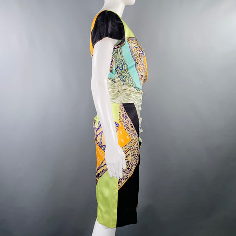 ETRO Size 6 Multi Color Silk Blend Mixed Patterns Cap Sleeves Dress