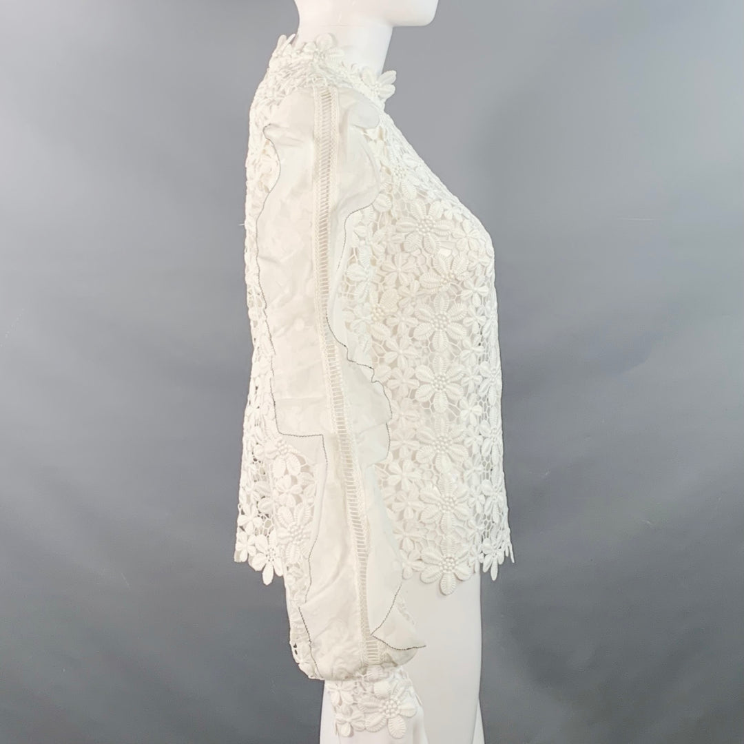 SELF-PORTRAIT Size 6 White Polyester Cotton Floral Crochet Ruffle Blouse