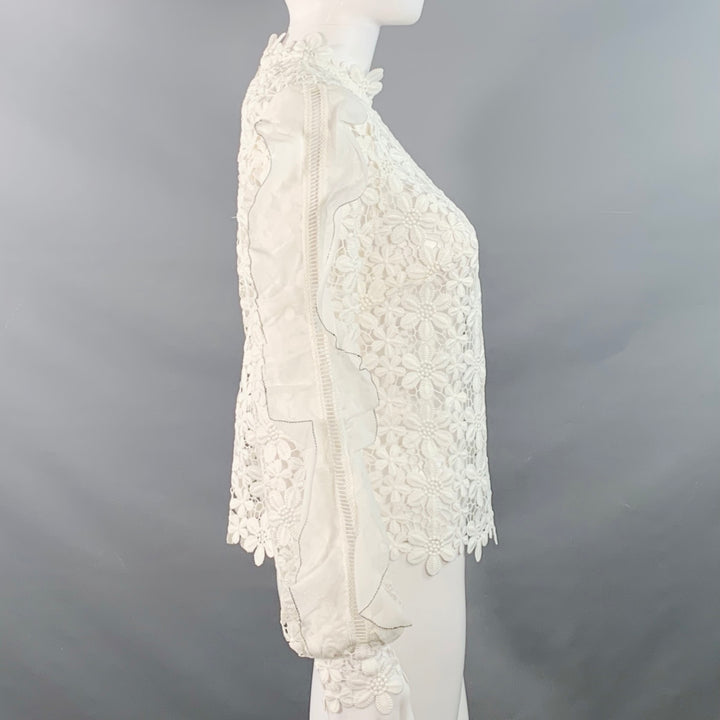 SELF-PORTRAIT Size 6 White Polyester Cotton Floral Crochet Ruffle Blouse