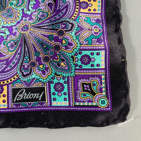 BRIONI Black Purple Paisley Silk Pocket Square