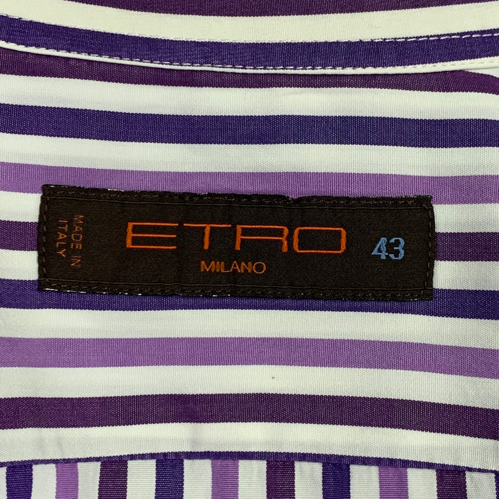 ETRO Size L White Purple Stripe Cotton Spread Collar Long Sleeve Shirt