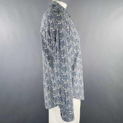 PAUL SMITH Size XL Blue White Floral Cotton Spread Collar Long Sleeve Shirt