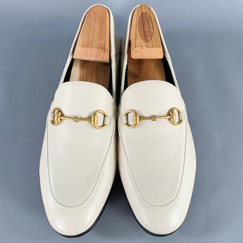 GUCCI Size 8.5 Cream Gold Leather Horsebit Slip On Loafers Flats