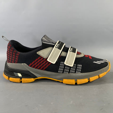 PRADA Size 9.5 Black Red & Grey Stripe Nylon Hook & Loop Sneakers