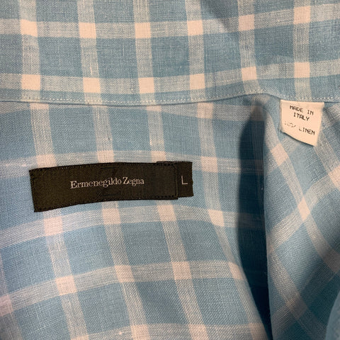 ERMENEGILDO ZEGNA Size L Light Blue White Plaid Linen Short Sleeve Shirt
