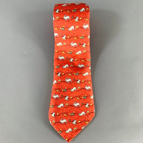 HERMES Red White Rabbits Silk Tie