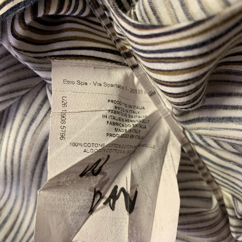 ETRO Size M White Blue Olive Stripe Cotton Long Sleeve Shirt