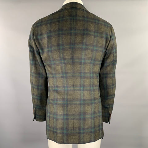 KITON Size 40 Green Charcoal Plaid Cashmere Notch Lapel Sport Coat