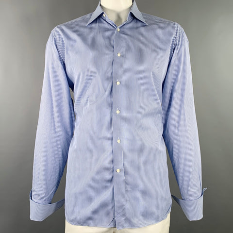 ERMENEGILDO ZEGNA Size L Blue White Stripe Cotton Long Sleeve Shirt