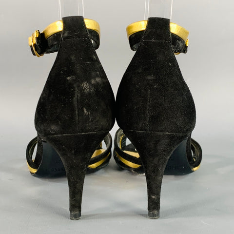 RALPH LAUREN COLLECTION Size 6 Black Metallic Gold Suede Leather Strappy Ankle Strap Sandals