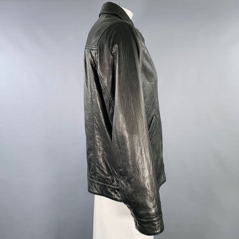ANDREW MARC Size L Black Leather Zip Up Jacket