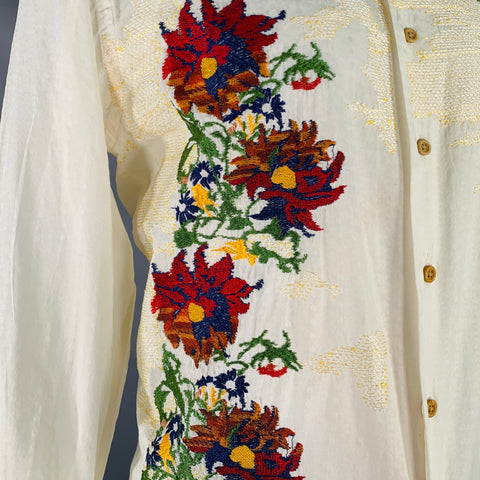 ROBERT GRAHAM Size XL Cream Multi Color Embroidery Cotton Long Sleeve Shirt