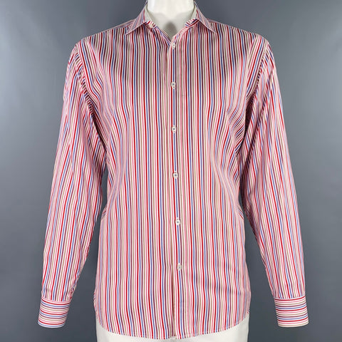 BUGATCHI Size XL White Multi Color Stripe Cotton Spread Collar Long Sleeve Shirt