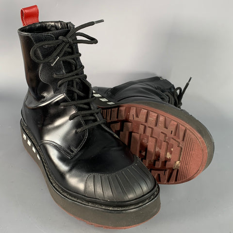 VALENTINO Size 8 Black Red Leather Rubber Sole Zip Lace-Up Boots