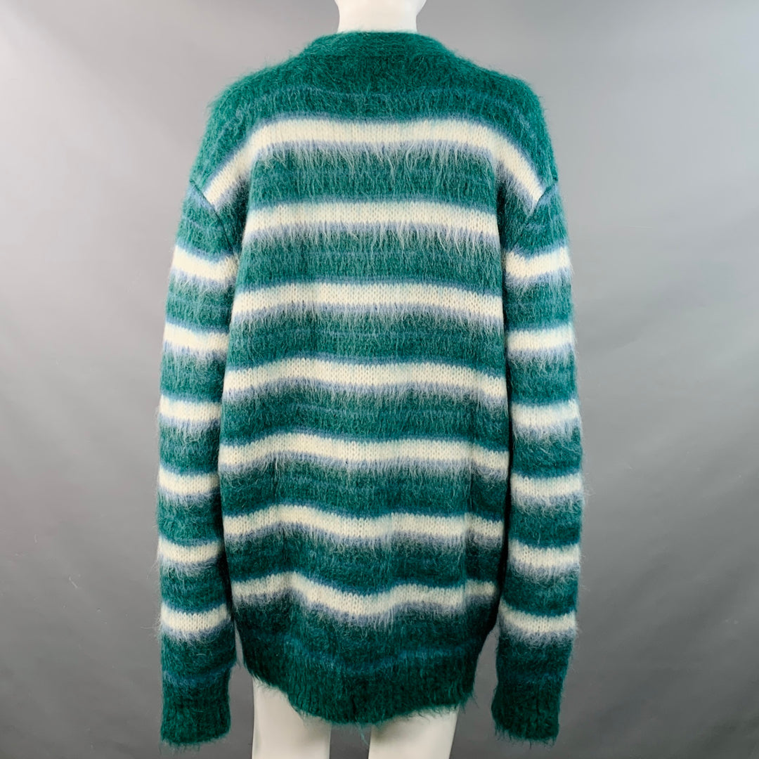 MARNI Size 6 Green Blue White Mohair Blend Stripe V-Neck Cardigan