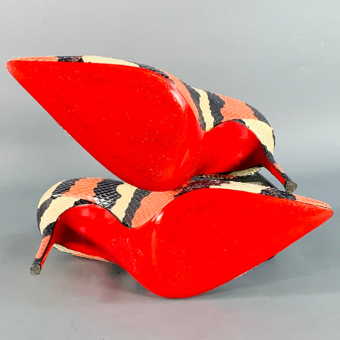 CHRISTIAN LOUBOUTIN Size 5 Orange Black Cream Snakeskin Leather Pointed Toe Stiletto Pumps