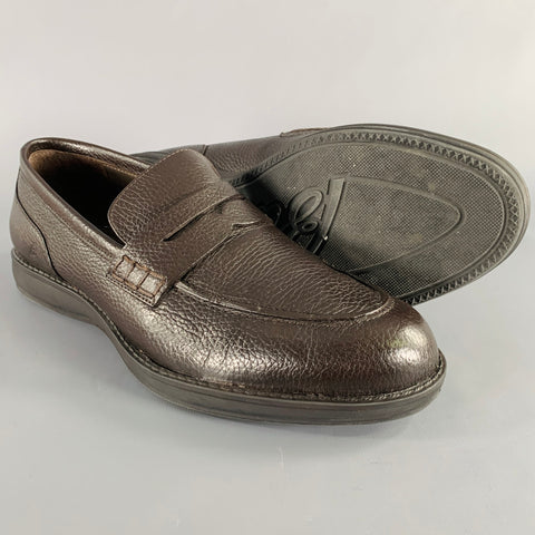 BRIONI Size 10.5 Dark Brown Pebble Grain Leather Penny Loafers
