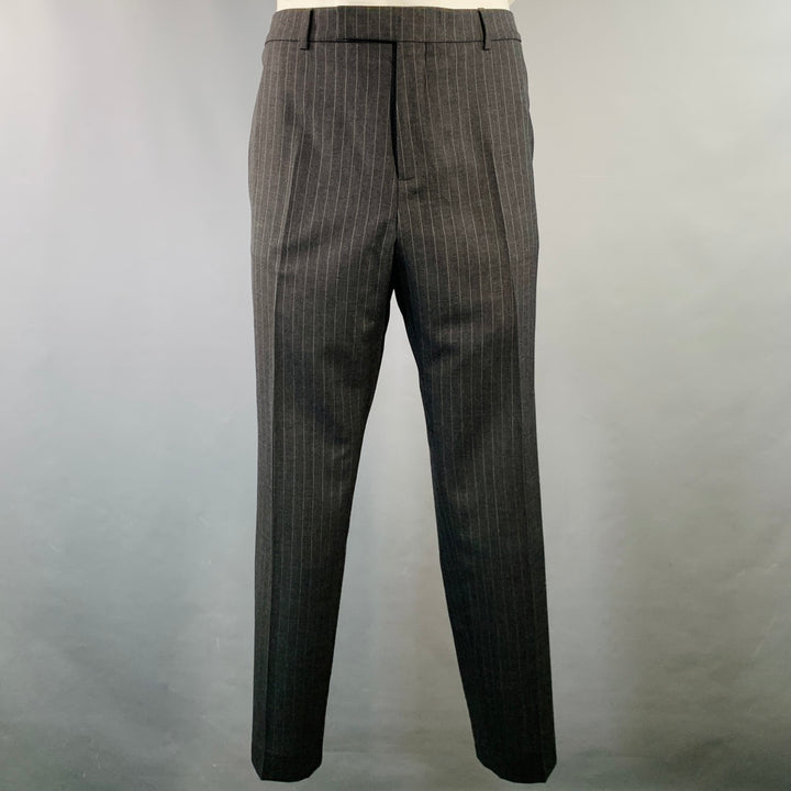 CELINE Size 44 Regular Grey Charcoal Stripe Wool Polyester Suit