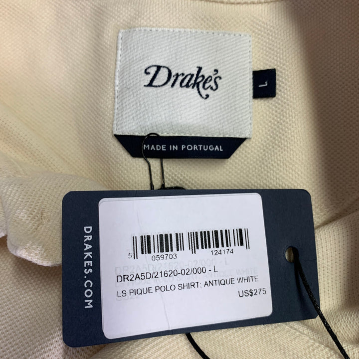 DRAKES LONDON Size L Beige Cotton Pique Long Sleeve Polo