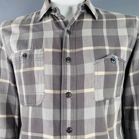 RRL by RALPH LAUREN Size L Grey Beige Plaid Cotton 2 Pockets Long Sleeve Shirt