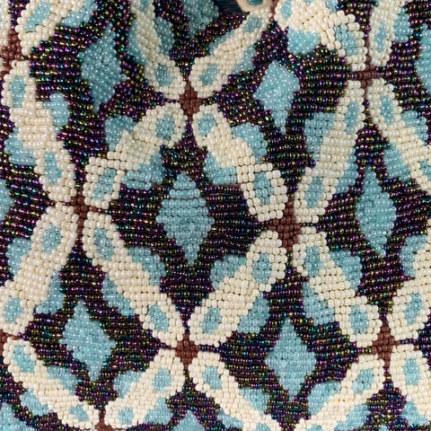 MURIEL BRANDOLINI Blue Brown White Beaded Hand Embroidered Cotton Handbag