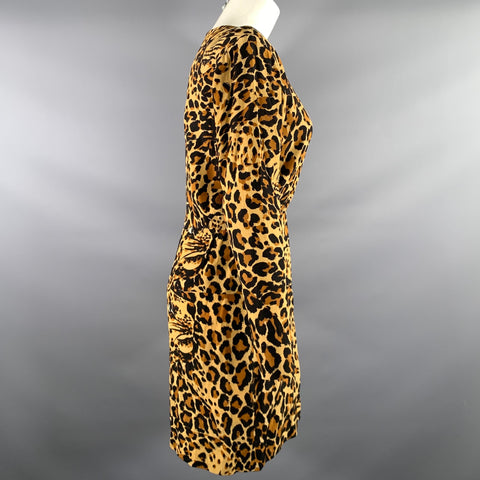 YVES SAINT LAURENT Size 4 Tan Black Silk Leopard Knee-Length Dress