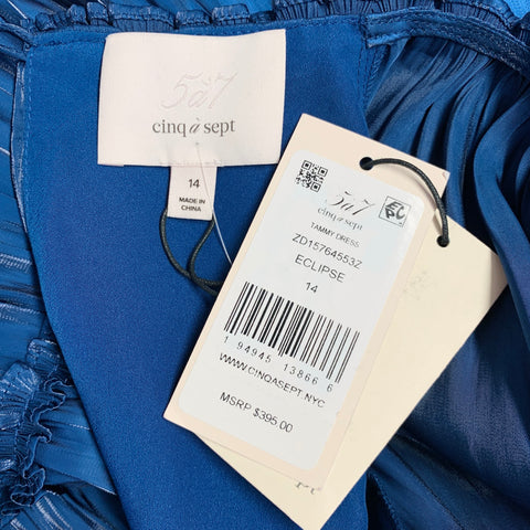 CINQ a' SEPT Size 14 Tammy Navy Polyester Ruffled Long Bishop Sleeve Cocktail Dress