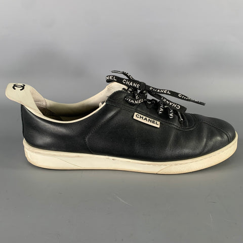 CHANEL Size 9 Black White Solid Leather Vulcanized sole Sneakers