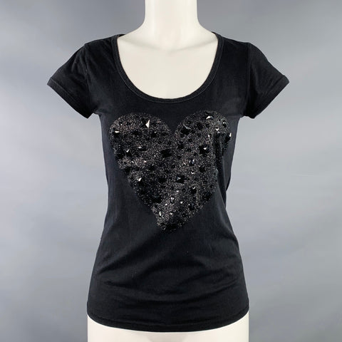 TERRANOVA Size M Black Cotton Beaded Glitter Heart T-Shirt