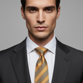 Striped tie with brown and black pattern on a light gray background