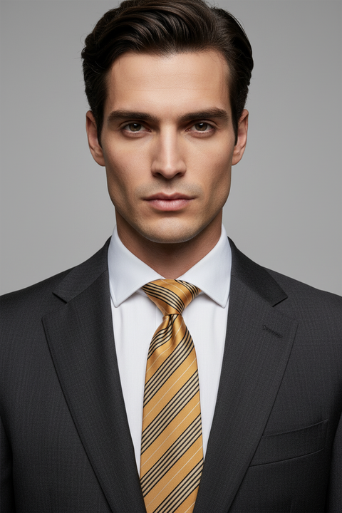 Striped tie with brown and black pattern on a light gray background