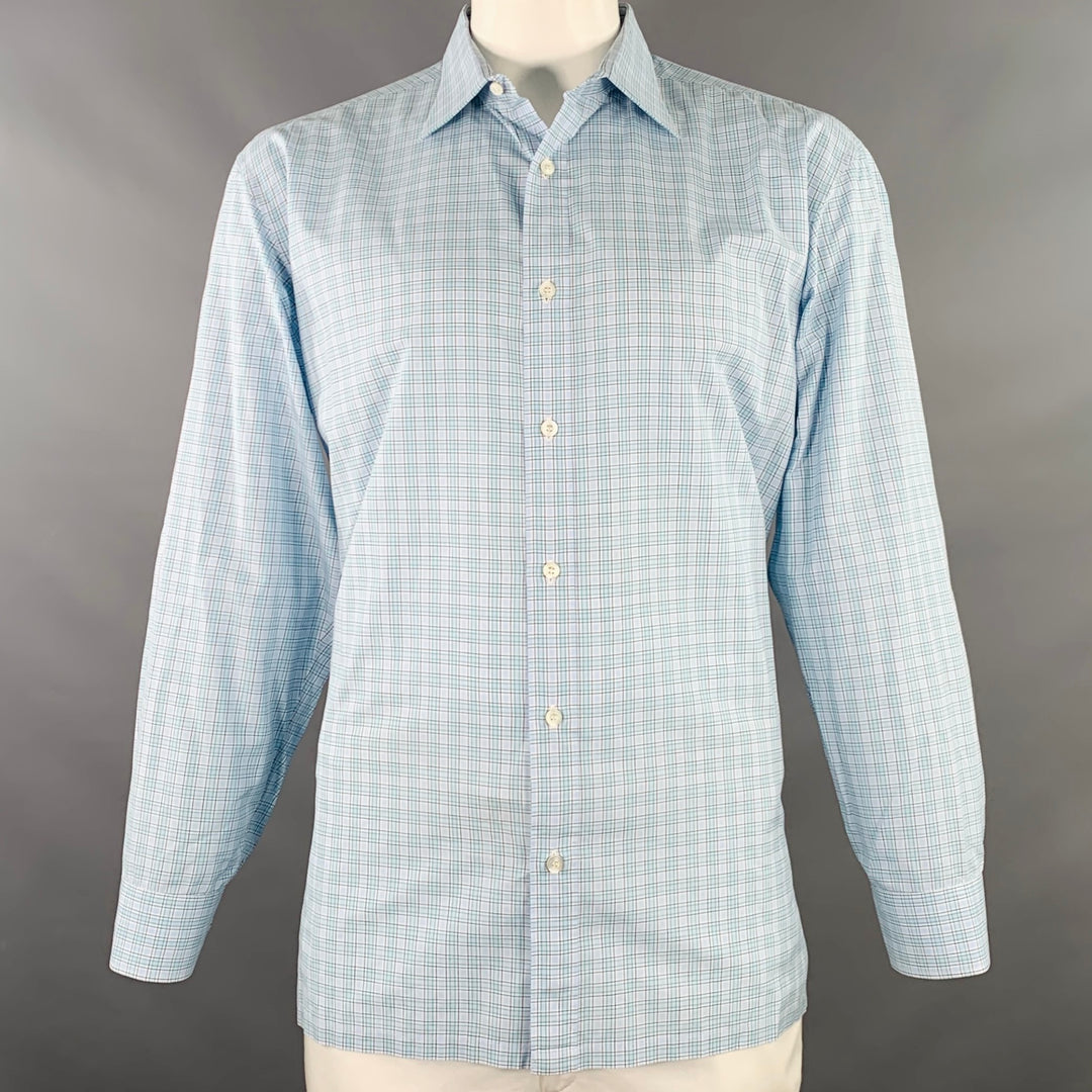 CHARVET Size L Blue Green Checkered Cotton Long Sleeve Shirt Sui Generis Designer Consignment CHARVET Size L Blue Green Checkered Cotton Long Sleeve Shirt Sui Generis Designer Consignment