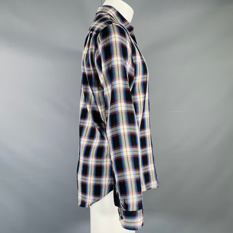 VINCE Size S Black Red Plaid Cotton Blend Spread Collar Long Sleeve Shirt