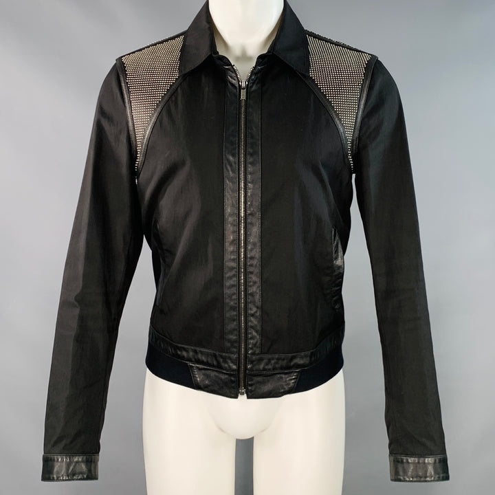 VERSACE Size M Black Silver Studded Cotton Blend Leather Trim Zip Up Jacket
