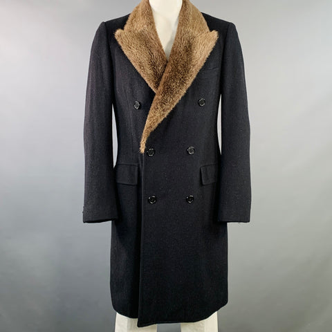 NEIMAN MARCUS Vintage Size L Black Taupe Wool Fur Peak Lapel Double Breasted Coat