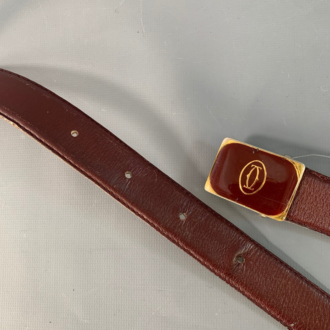 CARTIER Vintage Size 43 Burgundy Gold Logo Leather Skinny Belt