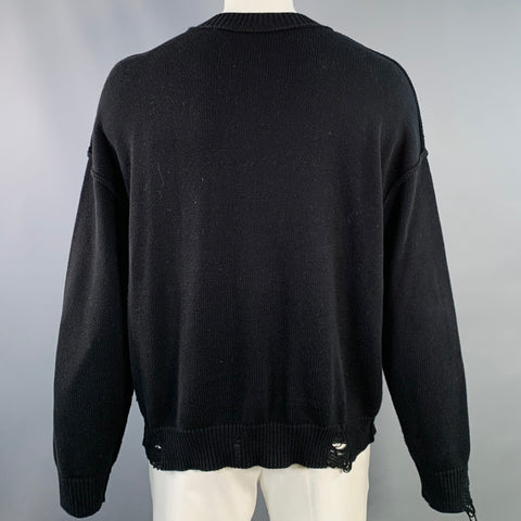 MSGM Size XL Black Green White Fish Distressed Cotton Crew Neck Sweater