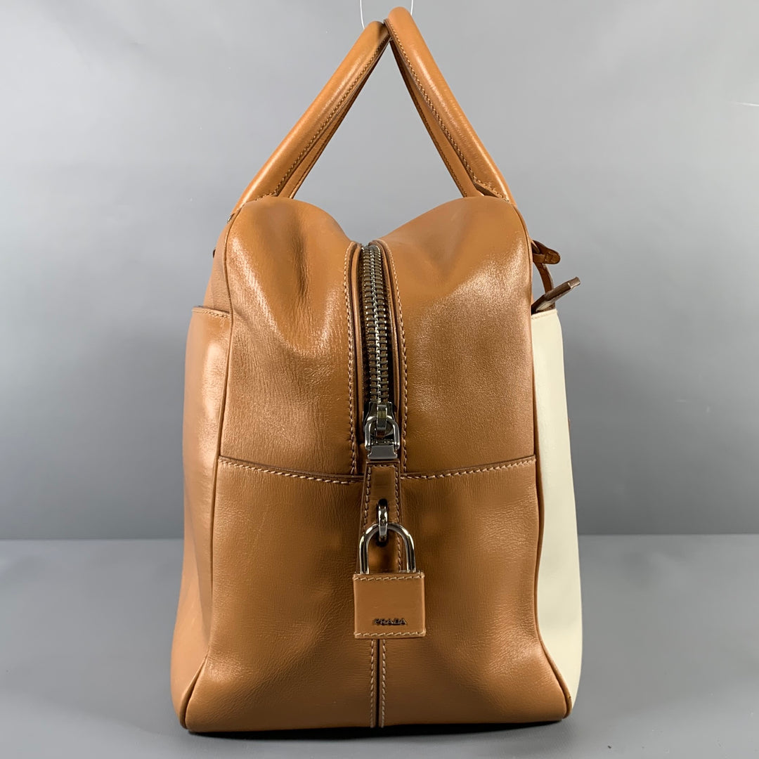 PRADA Tan Cream Color Block Leather Overnight Bags