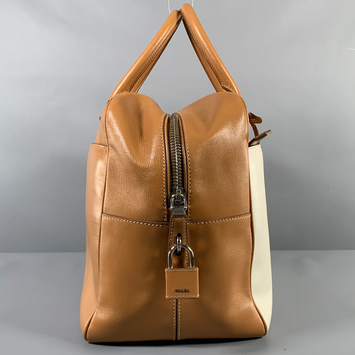PRADA Tan Cream Color Block Leather Overnight Bags