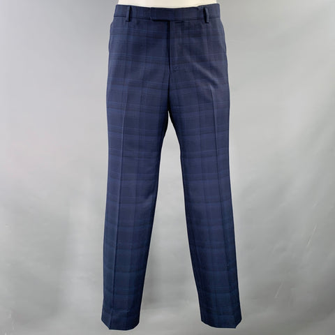Z ZEGNA Size 46 Regular Navy Blue Plaid Wool Notch Lapel Suit