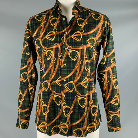 PHINEAS COLE Size L Olive Brown Plaid Equestrian Cotton Long Sleeve Shirt