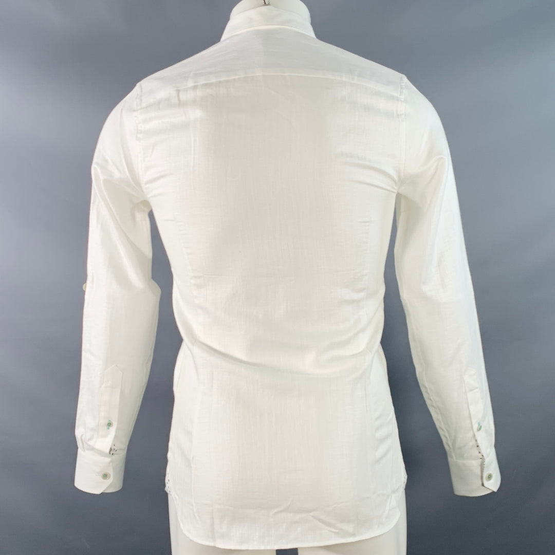 TED BAKER Size XS Jaames White Herringbone Cotton Linen One Pocket Roll Tab Long Sleeve Shirt
