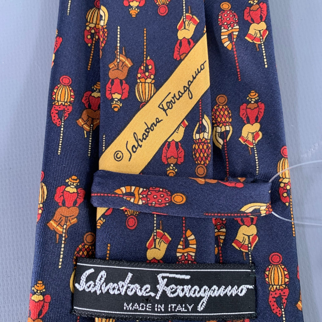 SALVATORE FERRAGAMO Navy Burgundy Figures Silk Tie