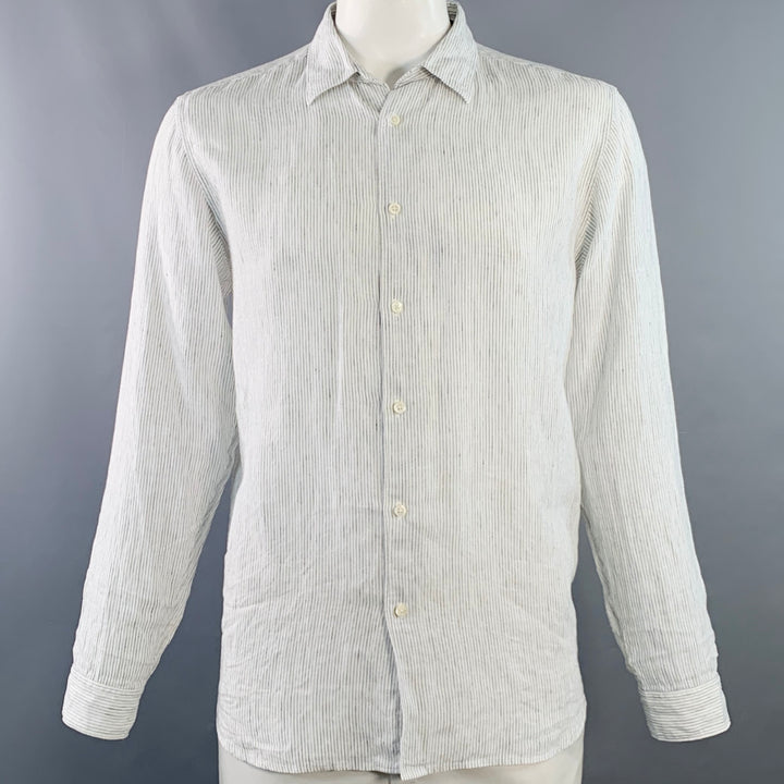 THEORY Size L Irving White Navy Pinstripe Linen Long Sleeve Shirt